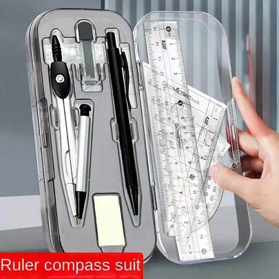 Conjunto de compasso e régua geométrica de plástico transparente - Conjunto de ferramentas de desenho duráveis com transferidor, esquadro e borracha, adequado para projetos escolares e artísticos.