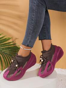 Women's Knit Breathable Soft-Sole Sneakers, Elastic Cuff Design, Anti-Slip Ventilated, Comfortable Athleisure Shoes - Purple - View 2