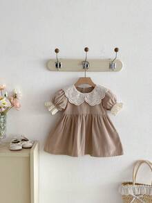 Toddler Girls' Loose Fit Hollow Out Peter Pan Collar Short Sleeve Dress, Spring/Autumn, Runs Slightly Large - Khaki - View 3