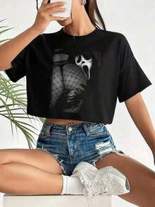 Summer TopsHalloween Retro Washed T-Shirt Scream Ghostface Heart Hands Graphic Tees Water Washing Print T-Shirt, Men's Vintage T-Shirt,Short Sleeves Crew Neck Top Tees, 230 Gram Cotton T Shirts, Holiday GiftsLoose And Comfortablesummer Clothes - 黑色 11 - 查看 1