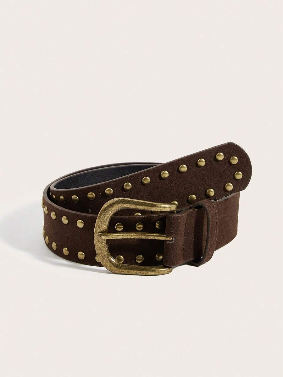 1pc Vintage Gold Square Buckle Rivet Belt For Women, Suitable For Dresses And Coats - Coffee - View 1
