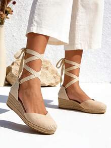 Comfortable Espadrille Wedge Sandals, Ideal For Everyday Wear, Holidays, And Work. Women's Low Wedge Shoes With Bohemian-Style Straps, Comfortable Jute Sandals Ideal For Everyday Wear, Holidays, Work, And Commuting. - 杏色 - 查看 2