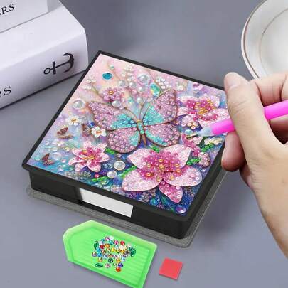 1pc DIY Diamond Art Butterfly Flower Pattern, Asymmetrical Crystal Embedded Painting On Black Faux Leather Self-Adhesive Memo Pad Box With 160 Sheets, Ideal For Home, Office And School Supplies, Craft, Cute Stationery, Holiday Gift