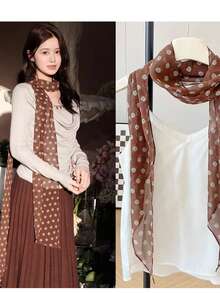 1pc Women's Brown Polka Dot Printed Scarf, Versatile Silk Necktie, 2026 New Headband Hair Tie Long Scarf - Multicolor - View 2