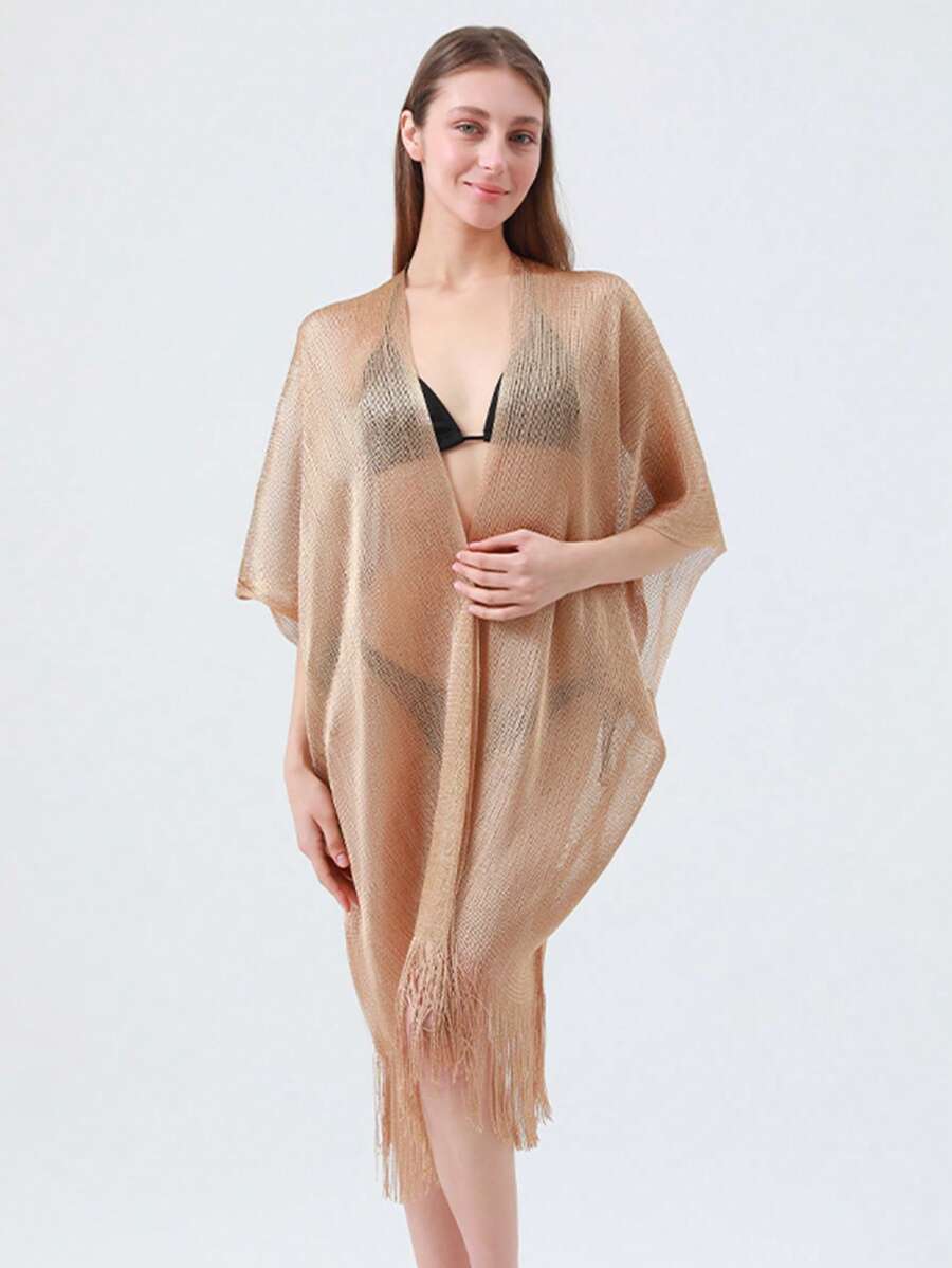 1pc Solid Color Casual Polyester Beach Cover-Up, Lightweight Windproof Sunscreen Shiny Metallic Threads Slit Sleeve Shawl, Spring/Summer - Multicolor - View 1