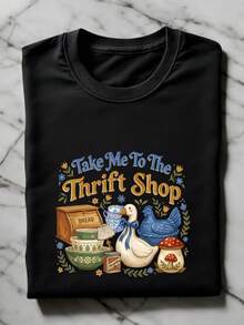 Vintage Thrift T-Shirt, Take Me To The Thrift Shop Shirt, Coquette Bow Goose Thrift Tee, Women Thrifting Lover Gift, Cottagecore Thrifting Short Sleeves Shirt TF3277 - 黑色 - 查看 1
