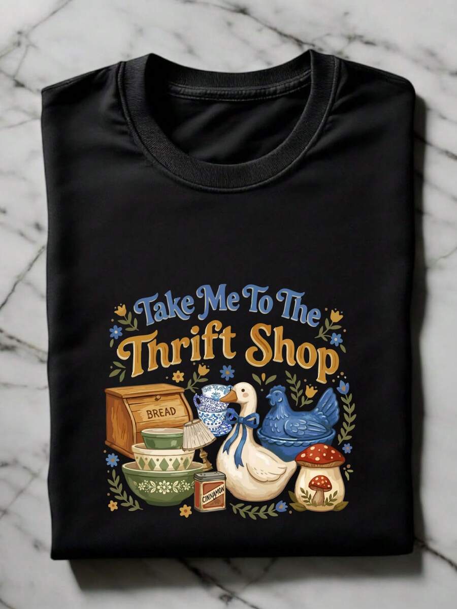 Vintage Thrift T-Shirt, Take Me To The Thrift Shop Shirt, Coquette Bow Goose Thrift Tee, Women Thrifting Lover Gift, Cottagecore Thrifting Short Sleeves Shirt TF3277 - 黑色 - 查看 1