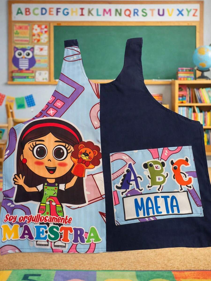 Bata para educadora en sublimado con bolsa delantera y tirantes ajustables cruzados en espalda con forro reforzado - azul real - Ver 1