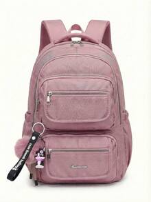 Casual Nylon Backpack With Large Capacity And Cute Charm For School - Pink - View 1