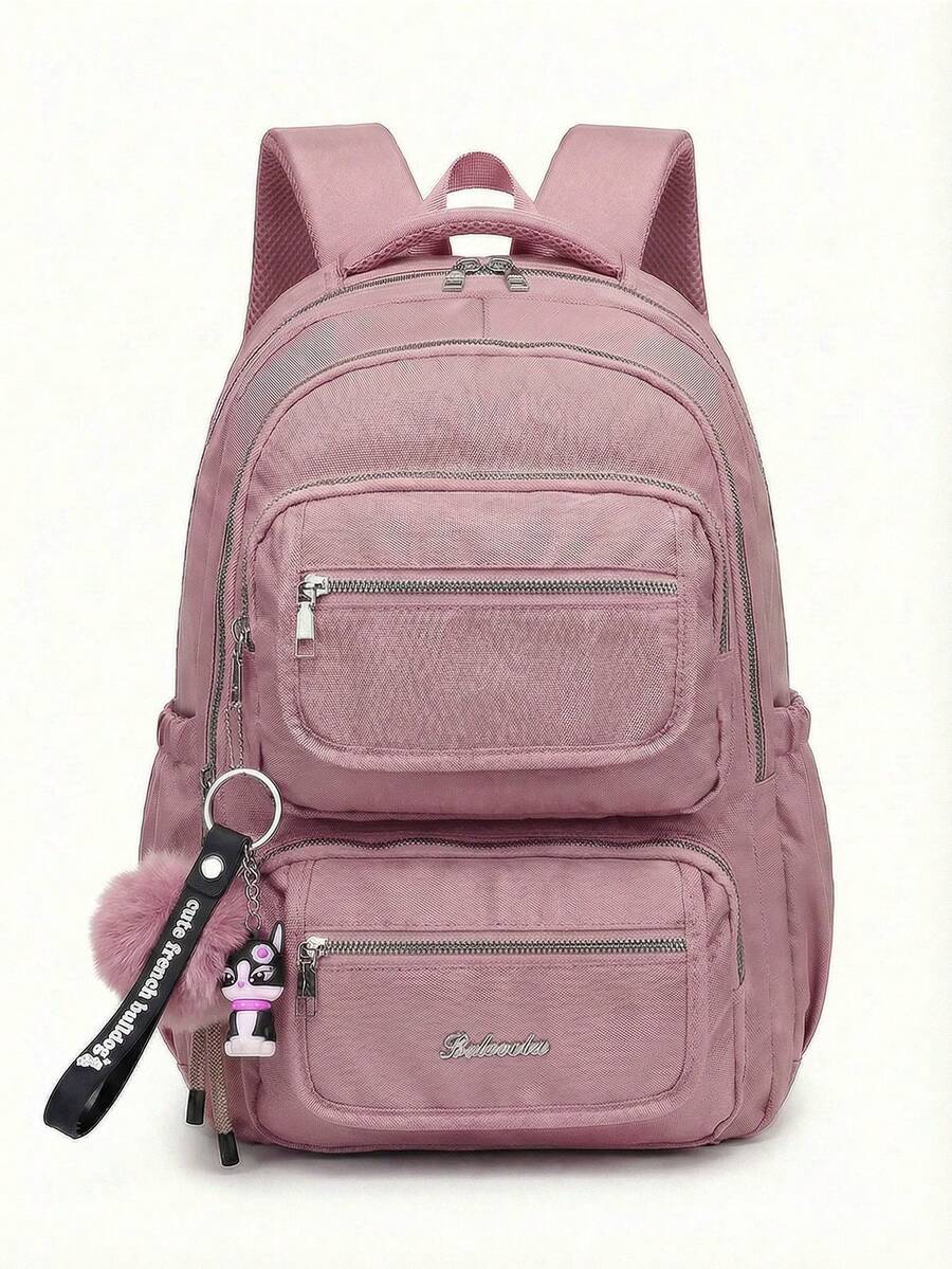 Casual Nylon Backpack With Large Capacity And Cute Charm For School - Pink - View 1