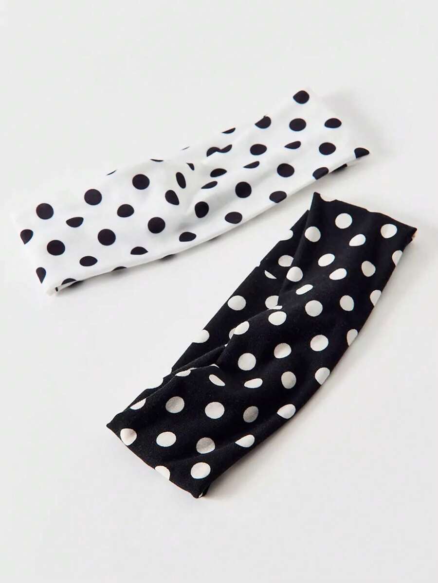 2件套女士时尚波点印花柔软防滑发带，弹性瑜伽运动发带发饰，日常佩戴百搭时尚发带 - 波點兩件套 - 查看 1