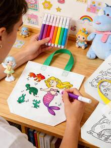 1 Set Random DIY Coloring Non-Woven Fabric Graffiti Bag, Includes 8 Watercolor Pens, Hand-Painted Double-Sided Waterproof Bag, Durable Packaging Bag, Suitable For Birthday Party Themes, Holiday Events, Games, Gifts, Gift Wrapping - View 8