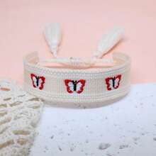 1pc Embroidered Butterfly Handmade Braided Bohemian Style Bracelet, Suitable For Party, Travel, Concert, Wedding, Friendship Gift - Beige - View 3