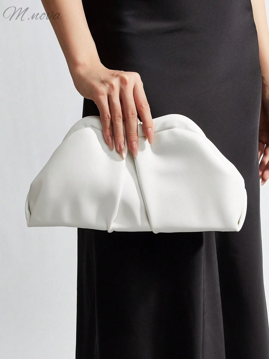 复古纯色手拿包，大容量多功能女士钱包，时尚PU皮包，适合婚礼、派对、晚宴等场合（耳环随机放置在包的一侧或两侧各一个） - 白色 - 查看 1