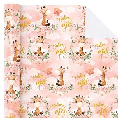 5/10 Sheets Baby Girl Wrapping Paper,28.5*42cm Baby Wrapping Paper, Cute Giraffe And Baby Girl Lettering Design, Perfect For Baby Shower, Party, Holiday