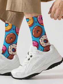 1 Pair Men's 360° All-Over Printed Socks - Featuring Donut Pattern, Soft & Comfortable With Good Elasticity, Fashionable Casual Streetwear Style, Suitable For Compression Socks, Valentine's Day Socks Or Maternity Loose Socks. - Multicolor - View 2