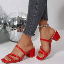 Women's Solid Color Party PU Leather Patent Thick Heel High Heel Sandals, Summer - Red - View 2
