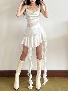 Top Dazzle 女士派对风无袖短裙，吊带针织面料，撞色蕾丝露背不对称下摆 - 白色 - 查看 5