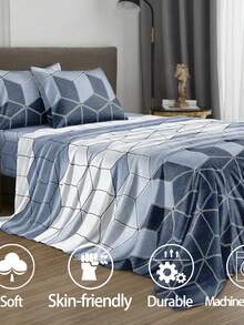 Bộ ga trải giường 4 món họa tiết hình học kim cương xanh dương, gồm 1 ga trải giường có chun, 1 ga phủ và 2 vỏ gối (không bao gồm ruột gối). Bộ ga trải giường cao cấp cỡ King, Queen, Full, Twin, có độ sâu túi lên đến 11.8 inch, vỏ gối mềm mại, thoáng khí, không nhăn, giúp ngủ ngon hơn, phong cách khách sạn sang trọng, quà tặng cho bố mẹ và bạn bè. - Màu xanh bụi bặm - Xem 2