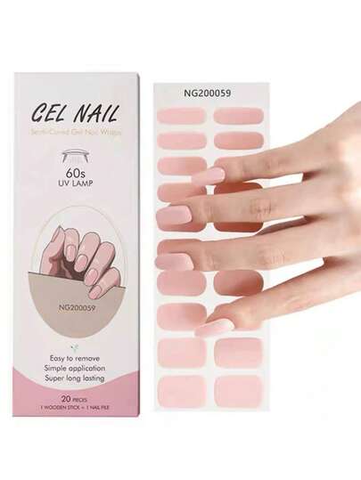 1 Box Of 20 Natural Long-Lasting Classic DIY Simple Solid Pink Design Nail Gel Stickers, Easy To Wear And Remove, UV Cured Nail Gel Stickers