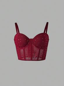 Black Rhinestone Thin Straps Bustier Top - 1 Piece Mesh Panel Cropped Waist Cinching Bust Enhancing Sexy Fashionable Date Party - Burgundy - View 1