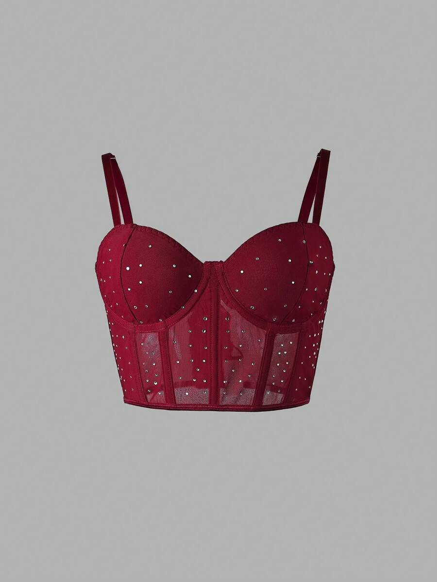 Black Rhinestone Thin Straps Bustier Top - 1 Piece Mesh Panel Cropped Waist Cinching Bust Enhancing Sexy Fashionable Date Party - Burgundy - View 1