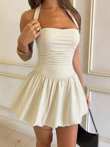 Women's Elegant Halter Neck Dress, High-End Exclusive Prom Party Birthday Banquet Short Cocktail Dress - 米色 - 查看 3