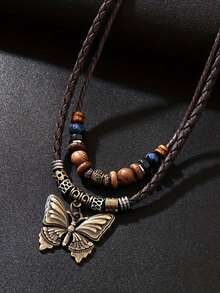 Dây chuyền mặt dây hình bướm phong cách Bohemian cổ điển, làm từ hạt gỗ và da, nhiều lớp, có thể điều chỉnh độ dài, phụ kiện thủ công độc đáo theo phong cách phù thủy dành cho nam và nữ. - Cà phê nâu - Xem 3