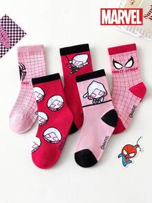 5 Pairs Marvel Superhero Socks, Spider-Man & Gwen Stacy Cartoon Mid-Calf Socks For Kids, Spring/Summer - Multicolor - View 11