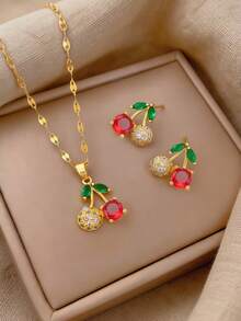 一套不锈钢粉色樱桃项链和耳环，全镶钻奢华微镶嵌个性化宴会珠宝礼品 - 彩色 - 查看 6