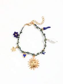 1 chiếc vòng tay bện nhiều màu sắc theo phong cách Bohemian với mặt dây chuyền hình ngọc trai giả, trái tim, sao biển, mặt trời, ớt, dành cho nữ. - Vàng - Xem 5