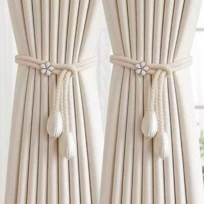 2pcs Minimalist Woven Rope Curtain Tie Backs, Decorated With 5-Petal Flowers To Enhance Home Decor