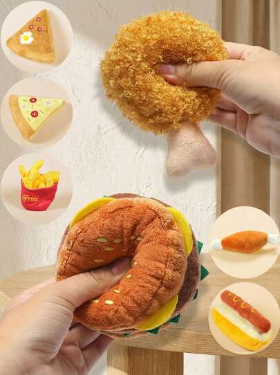 PETSIN Đồ chơi cho chó bằng vải nhung kêu, đồ chơi nhai bền bỉ giúp chó làm sạch răng, đồ chơi hình bánh hamburger, gà rán, khoai tây chiên, pizza cho thú cưng chơi đùa và giải tỏa căng thẳng