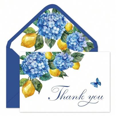 24Pcs Hydrangea Lemon Thank You Cards Blank Note Cards With Envelopes Stickers Blue Yellow Lemon Flower Greeting Card For Summer Birthday Ba By Shower, 4 X 6 Inch