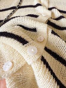 Women's Casual Elegant Striped Round Neck Button Sleeveless Knit Cardigan Top - Apricot - View 4