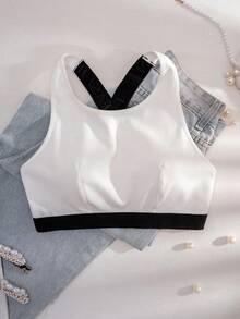 Runway Rest 1pc Women's Solid Color Racerback Silver Ribbon Comfortable Sports Bra - White - View 5