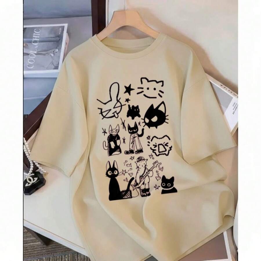 Women's T-Shirt Shirt Blouse 100% Cotton Over Casual Y2k Stylish Cute Cats SQUASH - 卡其色 - 查看 1