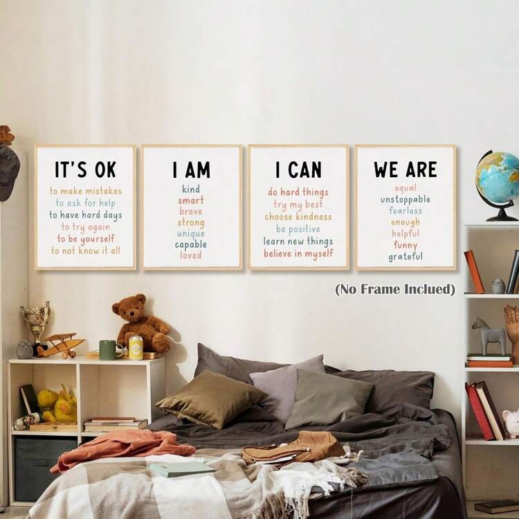 [2D Flat No Frame] 4 Pieces Frameless Classroom Poster Set, Educational Wall Art Decoration, Bohemian Style Classroom Decor Painting, 8x10 Inch - 8x10 Inches - View 1