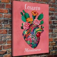1 pieza de arte mural en lienzo con diseño floral rosa mexicano de "Corazón Mexicano" vibrante, con caléndulas, rosas y cactus, sin marco, lista para colgar en la sala de estar, dormitorio u oficina en casa - Decoración de arte folclórico mexicano. - negro - Ver 3