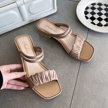 Sandalias de tacón alto para mujeres Sandalias de dos vías de nuevo estilo para mujer.Social. Playa. Tacón grueso. Sandalias planas con tiras. Antideslizantes. Tacón medio. Para llevar al aire libre. Aumentan la altura. Estilo versátil. - Beis - Ver 10