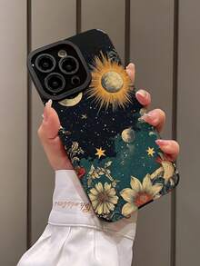 1个复古黑色夜空太阳星星月亮图案竖款仿皮纹理防摔防指纹防震手机壳 - 彩色 - 查看 3
