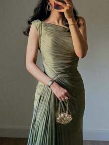 Spring And Autumn Women's Folded Ribbon Sparkling Evening Dress - Màu xanh Ô liu - Xem 1
