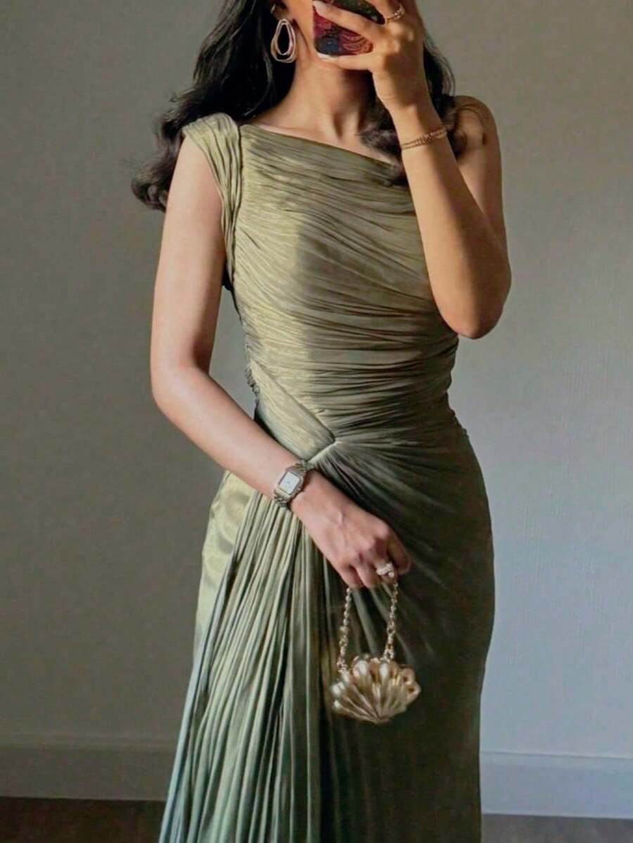 Spring And Autumn Women's Folded Ribbon Sparkling Evening Dress - Màu xanh Ô liu - Xem 1