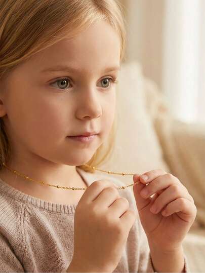 1pc Simple Fashion Stainless Steel Beads Chain Necklace For Kids For Daily Wear Jewelry Accessory Gift