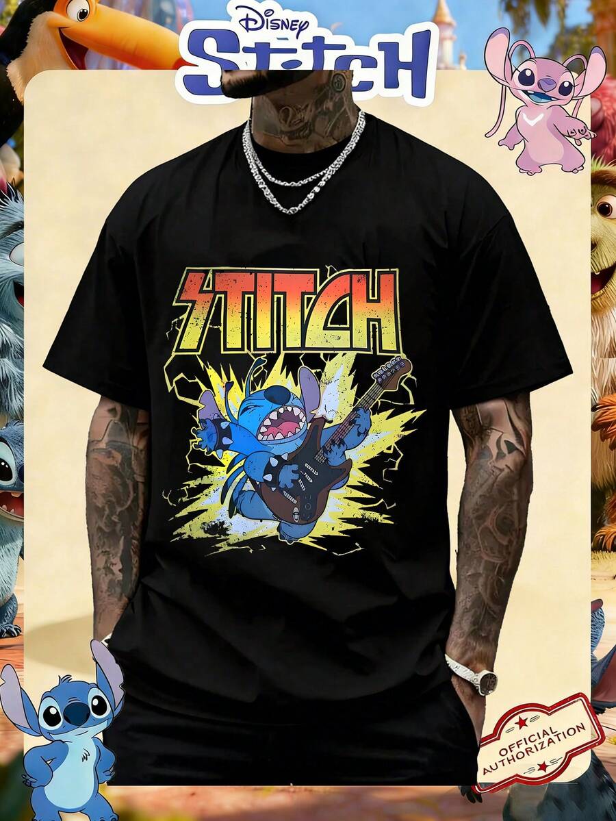Disney Official Licensed Lilo & Stitch Stitch Rock Guitar Player Graphic Print 220g Cotton Crew Neck Unisex Tee - 黑色 - 查看 1