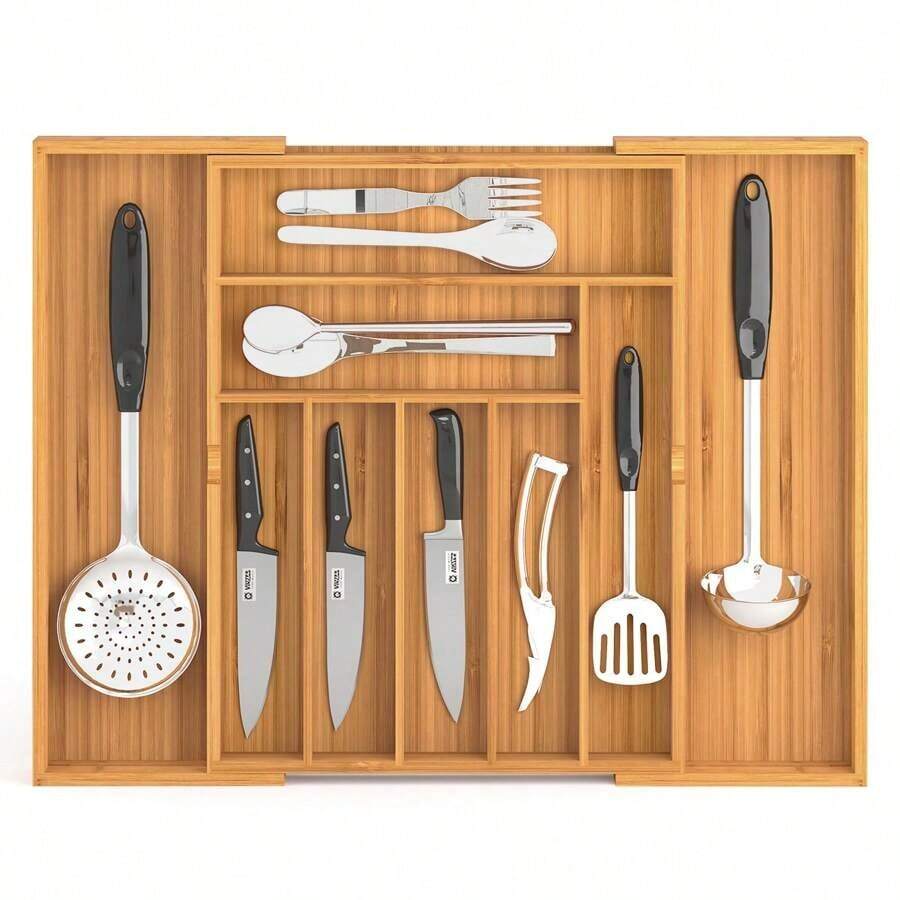 Kitchen Expandable Bamboo Drawer Organizer Kitchen Organiser Adjustable Cutlery Tray For Kitchen Utensils, Flatware,Silverware, Jewelry Box, Storage Box ,1 Pc - 1 - Xem 1