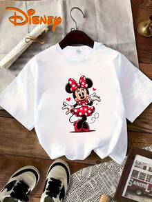 Disney Minnie Mouse Pattern Women's T-Shirt-Red Casual Short-Sleeved Shirt, Lightweight Polyester Fabric, Machine Washable, Spring And Summer Fashion, Perfect Gift For Disney Fans, Interesting Design, Cartoon Printing, Soft Texture, Daily Wear, Printed Shirt. - 白色 - 查看 1
