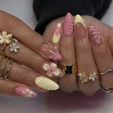 10PCS Almond Nail, Medium Length 3D Fake Nail Design, French Pointed Nail, Acrylic, Acrylic, Fully Covered Nail - 黃色 - 查看 3