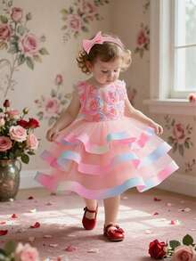 Váy tutu họa tiết hoa 3D nhiều màu sắc cho bé gái, & Váy hoa dễ thương cho tiệc sinh nhật, kèm băng đô - Hồng - Xem 5