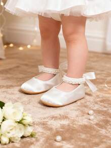 Newborn Baby Girls' Mary Jane Flats, Bow Decor, Non-Slip Soft Bottom PU Leather Infant Prewalker Shoes, Pearl Ribbon - White - View 3
